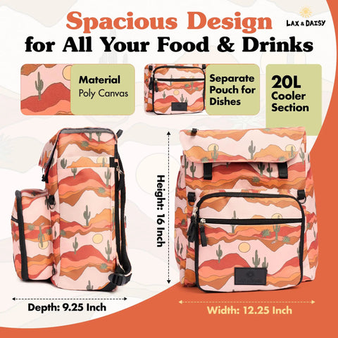 Picnic Backpack For Two With 14 Piece Insulated Cooler Set For Beach, Camping, And Parks in Desert Daze print with dimensions.