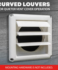 Supurr Vent 4 Inch Outdoor Dryer Vent Cover White Louvered Wall Hood With Gravity Damper on gray exterior wall