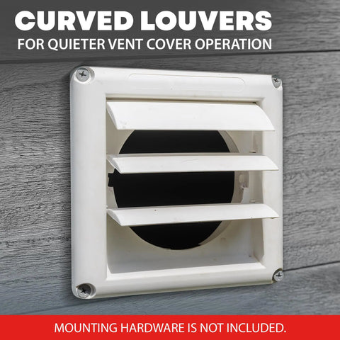 Supurr Vent 4 Inch Outdoor Dryer Vent Cover White Louvered Wall Hood With Gravity Damper on gray exterior wall