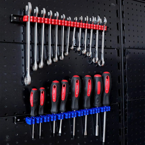 Four Piece Screwdriver And Wrench Organizer Wall Mount Tool Holder With Clips For Garage Or Workshop Keeps Screwdrivers Spanners Extensions Ratchets And Pliers Neatly Accessible And Ready To Grab holding tools on a pegboard