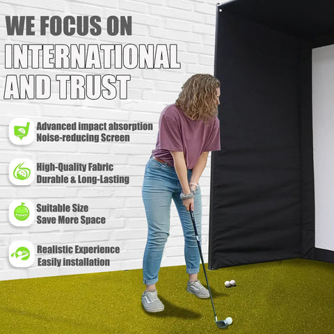 Person using Indoor Golf Simulator Enclosure With Impact Screen For Home Or Garage, practice and training golf cage.