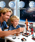 Father and son building rocket model from 12 In 1 Space Rocket Building Blocks Kit For Kids Aged 6 To 12 566 Piece STEM Construction Set.