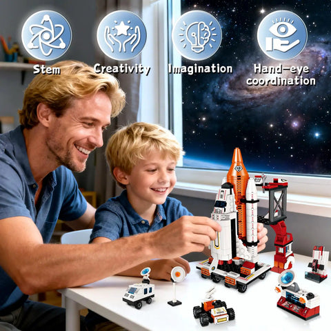Father and son building rocket model from 12 In 1 Space Rocket Building Blocks Kit For Kids Aged 6 To 12 566 Piece STEM Construction Set.