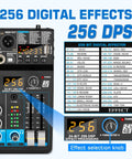 Close-up of five channel DJ mixer with 256 DSP effects and USB Bluetooth MP3 playback, 48V phantom power settings displayed.