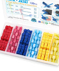Front view of 120Pcs T-Tap wire connectors in a plastic storage case, red, pink, blue, light blue, yellow