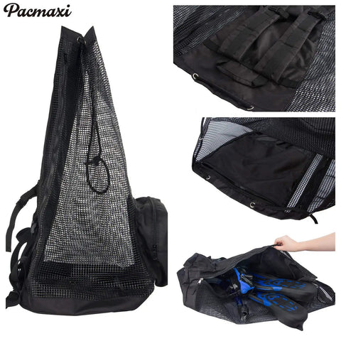 Oversized Mesh Scuba Diving Bag For Snorkeling Gear And Equipment, Black, showing design, mesh structure, and fin storage
