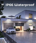 Modern house with 4 Pack 100W LED Shop Lights, Crazy Bright 14000 Lumens, 6000K Daylight White, IP66 Waterproof, in rain.