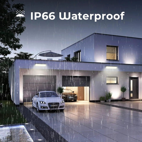 Modern house with 4 Pack 100W LED Shop Lights, Crazy Bright 14000 Lumens, 6000K Daylight White, IP66 Waterproof, in rain.