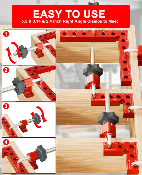 12 Pack Corner Clamps For Woodworking 90 Degree Right Angle Aluminum Clamps in action on wooden pieces, closeup view