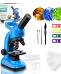 Awesome Kids Microscope Kit 40x To 1600x Magnification With LED Light STEM Toy For Beginners Ages 6 To 12 Includes Prepared Slides And Tool Set For Curious Young Scientists, blue microscope and accessories