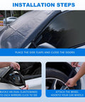 Extra Large 75 By 45 Inch Windshield Snow Cover installation steps on car with elastic hem and mirror openings. Say goodbye to ice scrapes.