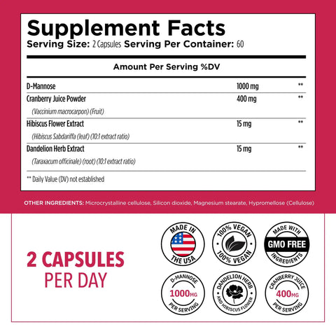 Supplement facts label for D Mannose Capsules 1000mg With Cranberry Extract Hibiscus And Dandelion For Urinary Tract Support.