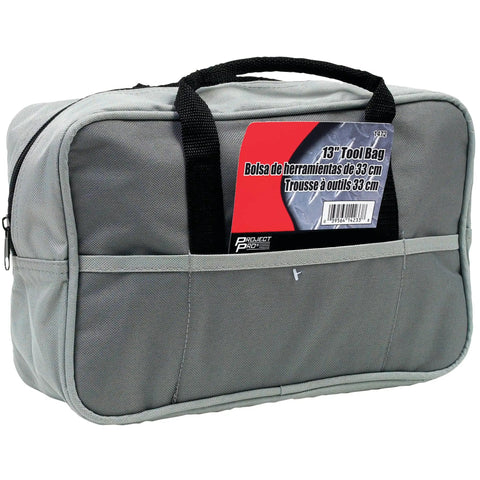 Gray 13-Inch Tool Bag made from tough nylon with black handles, ideal for pro-grade storage of wrenches and screwdrivers.