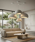 Wabi Sabi 40cm Pendant Light Lit For Dining Room, Kitchen Island, And Hallways, Modern Hanging Lamp With E26 Base, Matte White Bird Nest Design, Japanese Style Fixture For Restaurants And Homes hanging over minimalist living room.