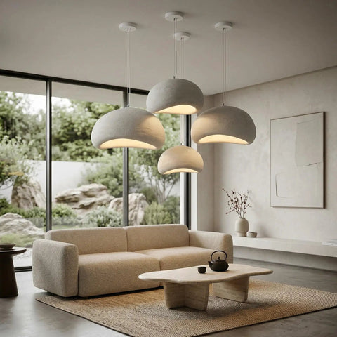 Wabi Sabi 40cm Pendant Light Lit For Dining Room, Kitchen Island, And Hallways, Modern Hanging Lamp With E26 Base, Matte White Bird Nest Design, Japanese Style Fixture For Restaurants And Homes hanging over minimalist living room.