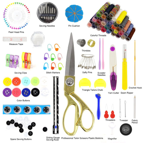 All-In-One Sewing Kit With 238-Piece Accessories For Newbies And Pros including scissors, thread spools, pins, and buttons on display
