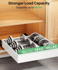 Legit Heavy Duty Pull Out Cabinet Organizers with weights, supports 66 lbs, showcasing full extension slides in a frameless cabinet.