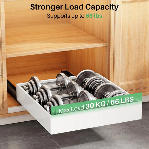Legit Heavy Duty Pull Out Cabinet Organizers with weights, supports 66 lbs, showcasing full extension slides in a frameless cabinet.
