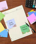 9 Pads Cute Sticky Notes Set 3x3 Self Stick Notepads for Teachers and Office on a desk with memo and pen