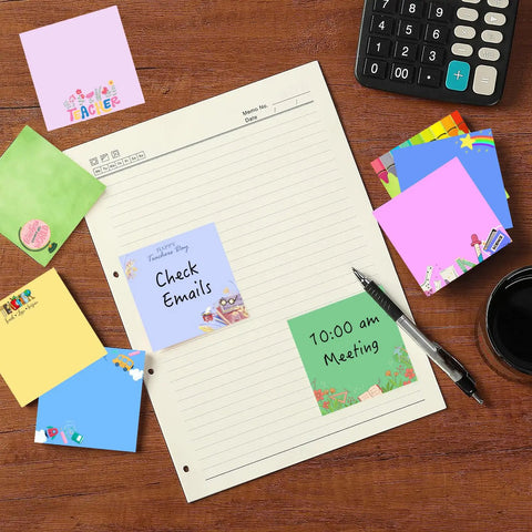 9 Pads Cute Sticky Notes Set 3x3 Self Stick Notepads for Teachers and Office on a desk with memo and pen