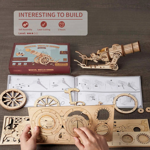 3D Wooden Cannon Catapult Puzzle Kit For Adults And Kids STEM Building Toy DIY Model Kit For Family Fun Colorable Wooden Craft Educational Wood Puzzle Interactive Desktop Game, wooden parts and instruction sheet