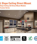 Modern kitchen with 4 Inch Canless Recessed LED Downlight For Sloped Ceilings With Adjustable Tilt From 9 To 45 Degrees, installed in ceiling.