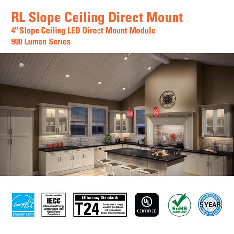 Modern kitchen with 4 Inch Canless Recessed LED Downlight For Sloped Ceilings With Adjustable Tilt From 9 To 45 Degrees, installed in ceiling.