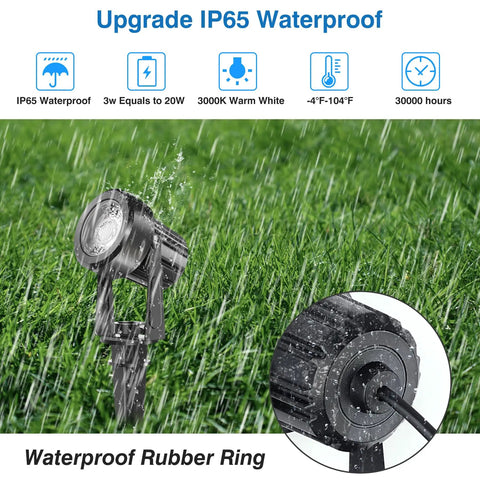 Low Voltage Outdoor Landscape Lighting Kit With Transformer 27V LED Spotlights in rain showing IP65 waterproof feature