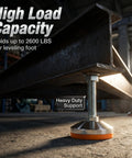 Beefy Stainless Steel Adjustable Leveling Feet With Dead Solid 2600 Lb Support Per Leg M16 Threads Non Slip Bottoms 4 Pack showcased under industrial support beam.