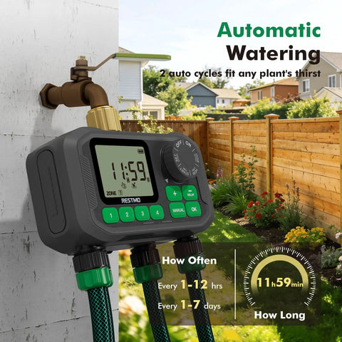 Four Zone Outdoor Sprinkler Timer With Brass Inlet And Large Dial attached to garden faucet, showing digital display of 11:59