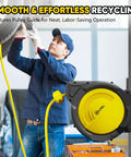 Heavy Duty Retractable Air Hose Reel With Auto Rewind And Full Pivot Swivel Wall Mount For Garage Crew Or Diy Pros Featuring Eighty Foot Three Eighth Inch Hybrid Line With Six Point Five Foot Lead In Tube Handling Three Hundred Psi No Fuss, shown being used by a mechanic.