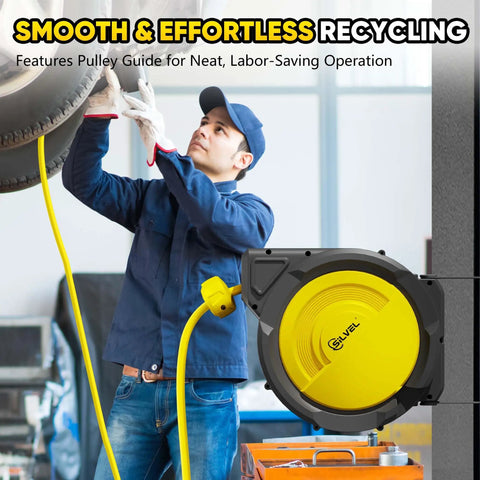 Heavy Duty Retractable Air Hose Reel With Auto Rewind And Full Pivot Swivel Wall Mount For Garage Crew Or Diy Pros Featuring Eighty Foot Three Eighth Inch Hybrid Line With Six Point Five Foot Lead In Tube Handling Three Hundred Psi No Fuss, shown being used by a mechanic.