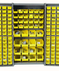 No Nonsense Shop Ready Heavy Duty Steel Organizer Cabinet With Secure Padlock Latch And One Hundred Thirty Six Durable Yellow Plastic Sorter Bins For Hardware with open bins filled.