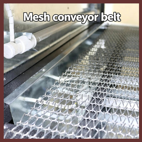 Lgxenzhuo 220V Heat Shrink Tunnel Wrapper With Wide 17.7 In Chamber High Power Quartz Tubes Seals Tray Packaging Fast For Business And Home Projects Reliable Industrial Grade Machine, close-up of metal mesh conveyor belt.