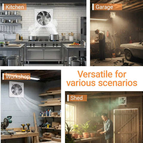 6 Inch Exhaust Fan 382 CFM Wall Mounted Vent Fan installed in various settings including kitchen, garage, workshop, and shed.