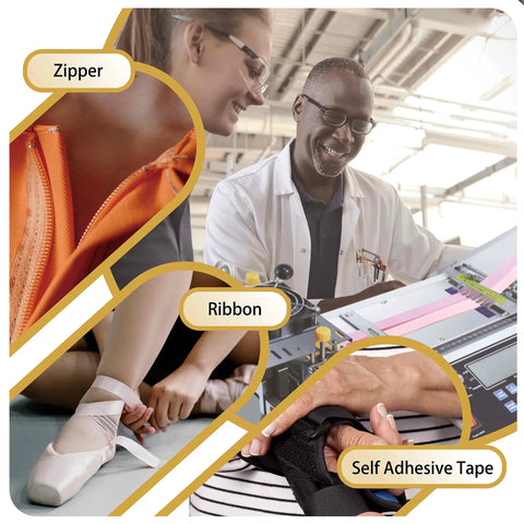 Collage of zipper, ribbon, self-adhesive tape, and people discussing Hot And Cold Webbing Cutting Machine With 5 Inch LCD Display.