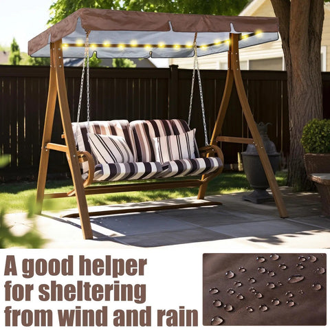 LED Lighted Patio Swing Canopy Replacement Top Waterproof 2-3 Seat Shade Awning Cover For Garden Outdoor Brown with LED lights