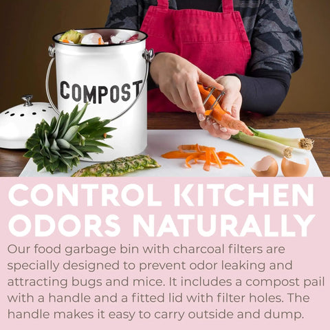 Person using Stainless Steel Countertop Compost Bin 1.3 Gallons Odorless No Stink With Carbon Filter Airtight Lid Indoor Kitchen Companion