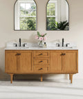 72 Inch Double Sink Bathroom Vanity With Zero Hassle Setup And Top Shelf Solid Wood Countertop Straight Out The Box Durable Pedestal Design Built Like A Champ For Modern Master Baths That Bring The Style, featuring two sinks and elegant wood finish.