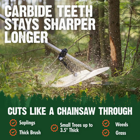 Carbide Tipped Chainsaw Brush Cutter Blade 9 Inch By 20 Teeth for straight shaft trimmers cutting brush in a forest.