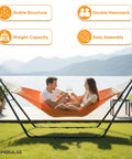 Heavy Duty Double Hammock Stand With 450 Pound Capacity Fits 9.5 To 14 Feet Hammocks Includes Chains And Hardware Carrying Case Built From 1.5 Inch Tubular Steel For Outdoor Garden Backyard Patio Pool Beach featuring couple in hammock