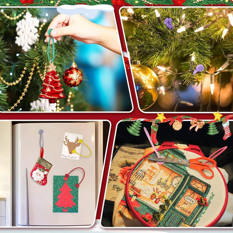 Festive display with silicone twist ties in use; Christmas tree decor, fridge magnets, and craft setup, Cord Organizer And Cable Ties Set With Super Handy Magnetic Clips.