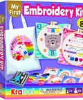 Colorful beginner embroidery kit with tote, patterns, hoop, and tools for easy DIY hand sewing projects for kids and adults.