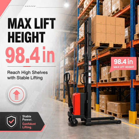 Heavy Duty Semi Electric Pallet Stacker With 3500 Lbs Lift Capacity And Walkie Forklift Design For Smooth Warehouse Moves showcasing 98.4 in max lift height.