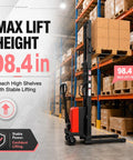 Heavy Duty 3500 Lbs Semi Electric Pallet Stacker With Solid Steel Frame And Straddle Design Offering Sweet 98 Inch Lift Height For Rough Warehouse Hauling And Easy Forklift Work Anytime Anywhere in a warehouse.