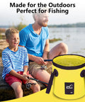 Father and son fishing beside Foldable 3.2 Gallon Water Bucket With Handle For Car Wash Camping Fishing And Beach Use Lightweight Durable Collapsible.
