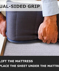 Person placing No Slip Rug Pad Grippers 5x6.5 Ft For Hardwood Floors And Tile Thick Carpet Pad under a mattress for non-slip grip.