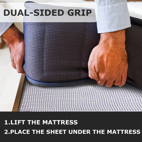 Person placing No Slip Rug Pad Grippers 5x6.5 Ft For Hardwood Floors And Tile Thick Carpet Pad under a mattress for non-slip grip.