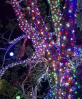 Patriotic 200 LED 66Ft Fairy String Lights With 8 Lighting Modes For Indoor And Outdoor Decor In Red White And Blue Perfect For Independence Day Parties Trees And Holiday Celebrations wrapped around tree branches at night.