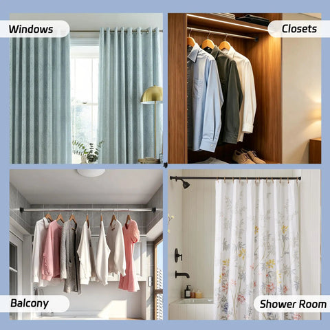Four Pack U Shaped Closet Rod Brackets 1 Inch Versatile Wardrobe Rod Holders For Closet Curtains Heavy Duty Mounting Hardware No Fuss Install Adjustable Depth 0.9 To 2.2 Inches Fits 26 Mm Opening Diameter, shown in closet, window, balcony, and shower room use